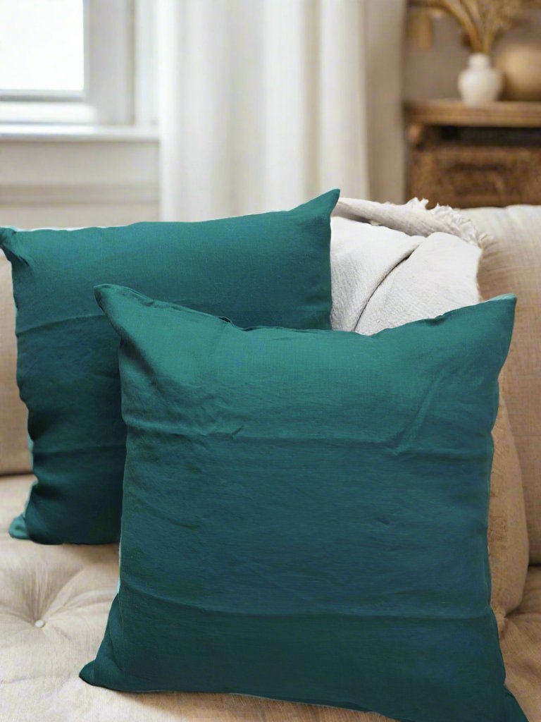 Linen Cushion Cover in Forest - TSL| two cushions placed on a couch in a living room 