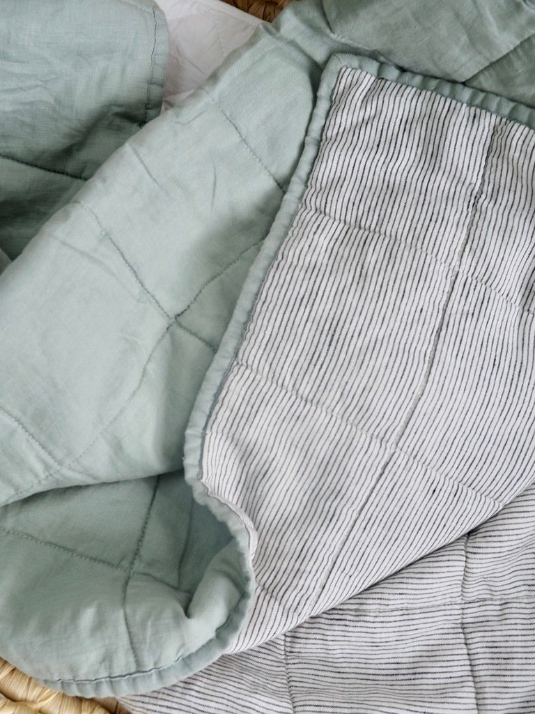 Pure Linen Cot Quilt & Play Mat in Sage and Pinstripe - TSL